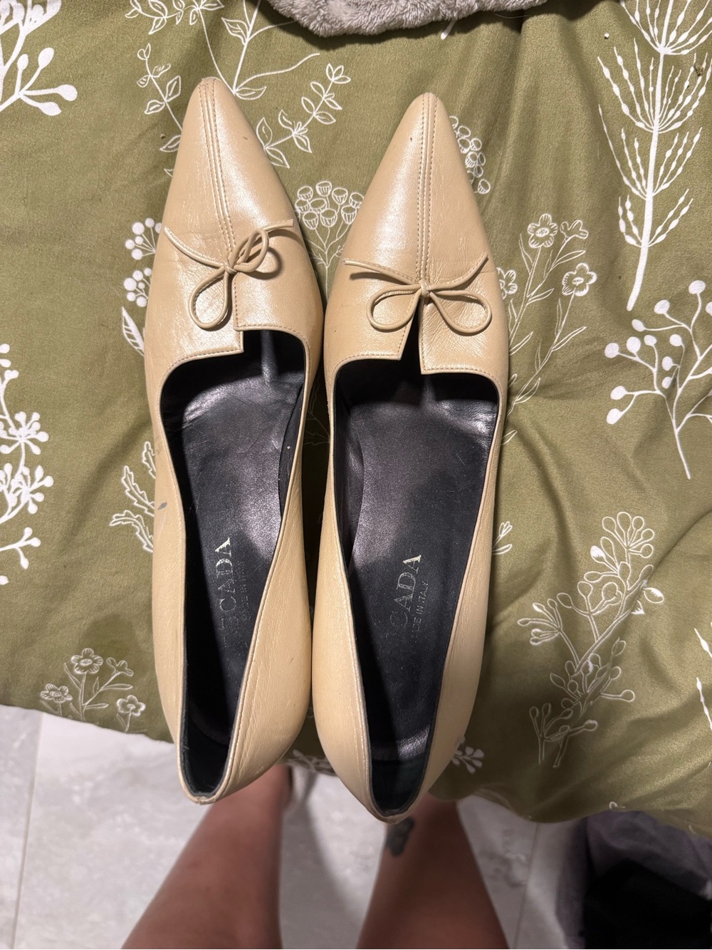 Ada Nude Pointed-Toe Leather Flats with Bow Accent